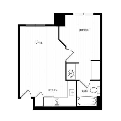 A floor plan of a small apartment with a living room, kitchen, bathroom, and bedroom.